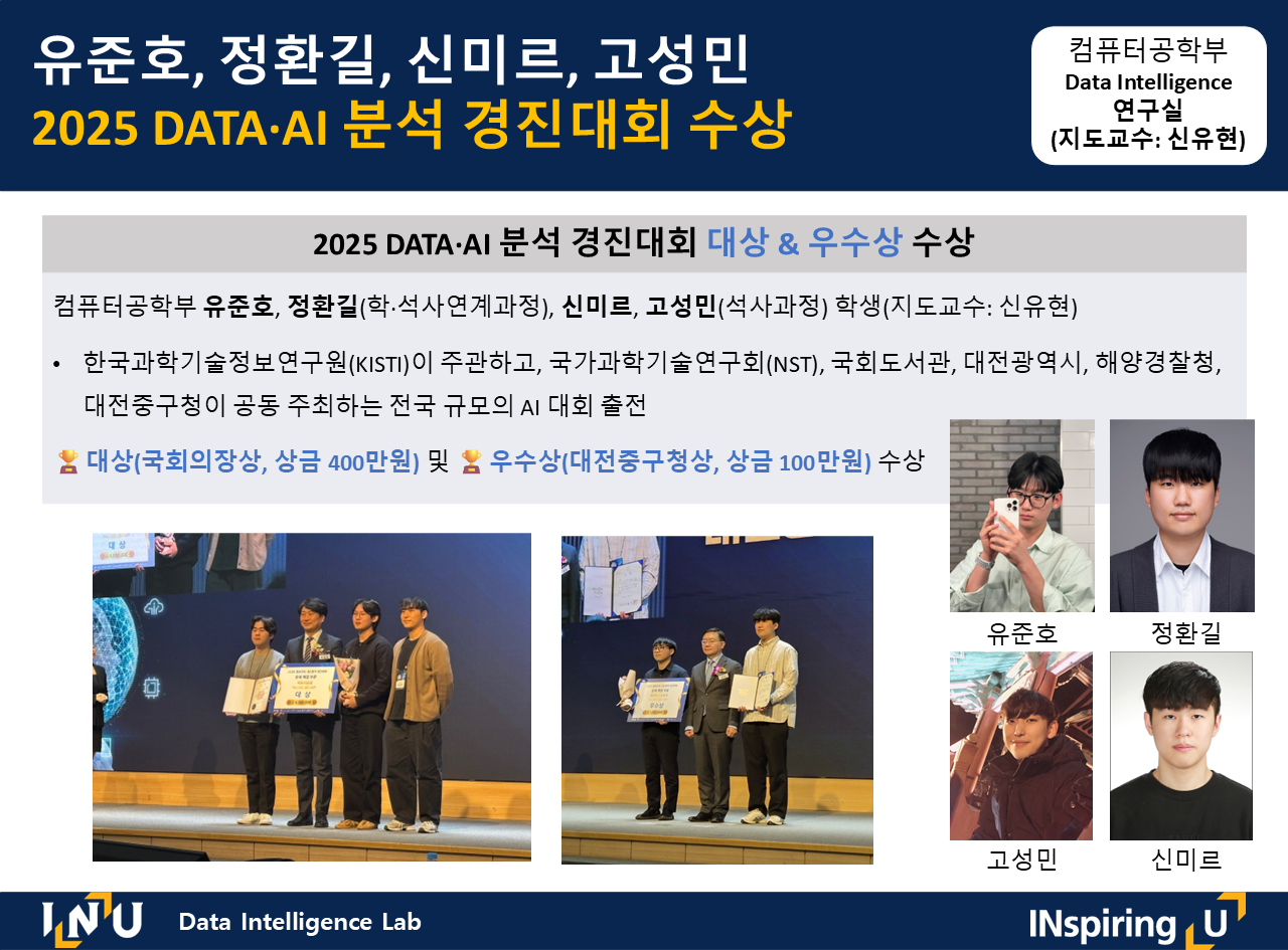 유준호, 정환길(학·석사연계과정), 신미르, 고성민(석사과정) (지도교수: 신유현) KISTI 경진대회 대상(국회의장상, 상금 400만원) 및 우수상(대전중구청상, 상금 100만원 대표이미지